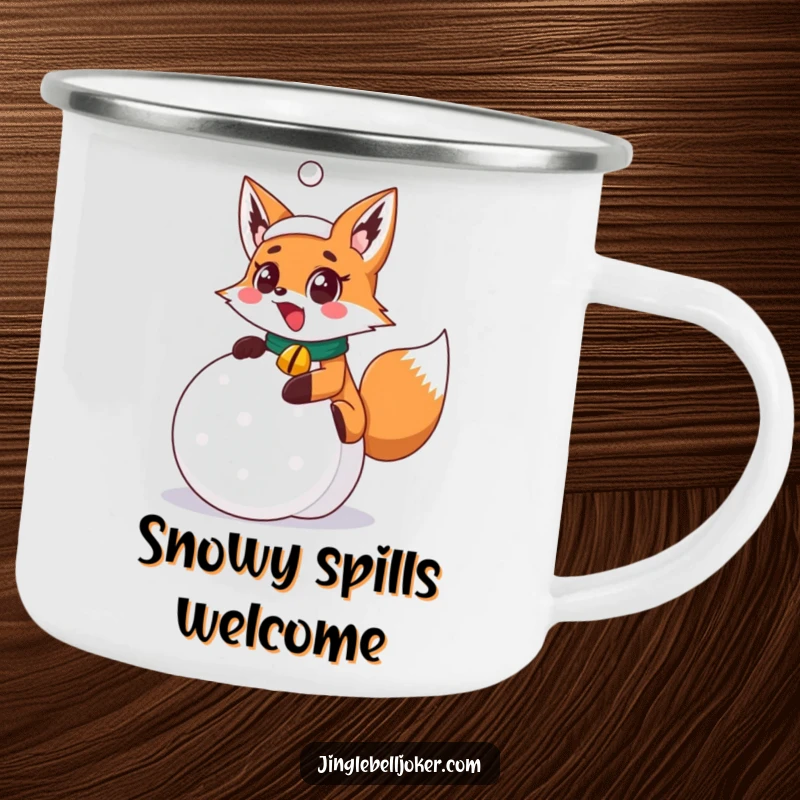 Funny surprised fox joker with jingle bell collar slipping on a festive snowball, ready for outdoor laughs on this durable camping mug.