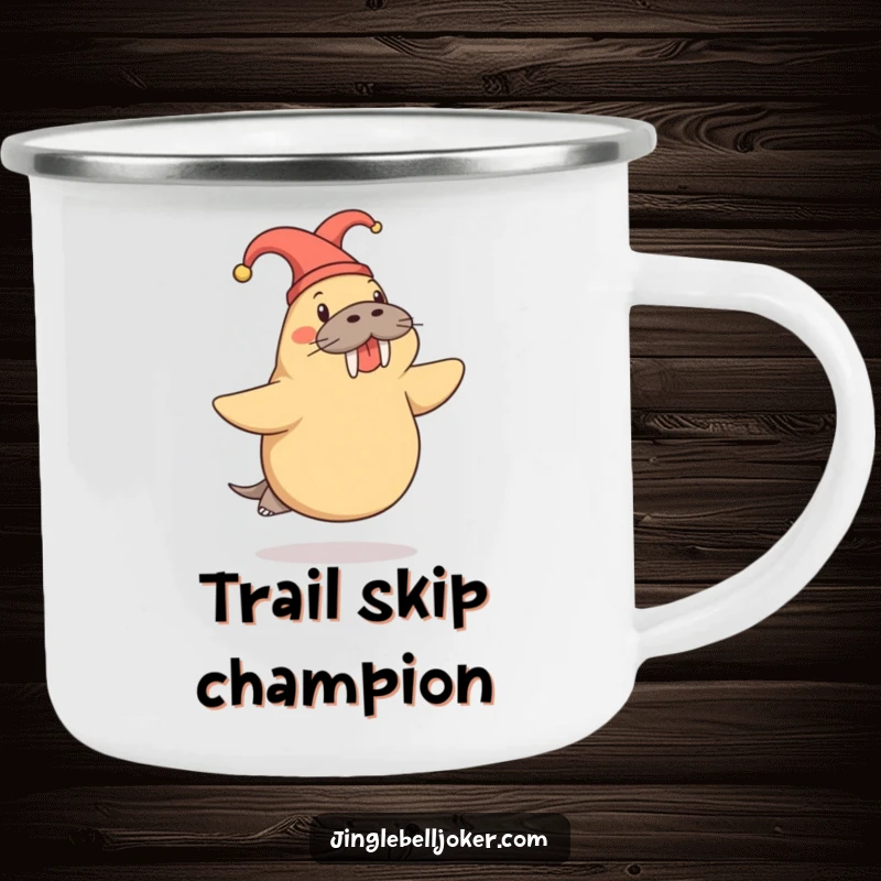 Funny Walrus Camping Mug: Cheerful walrus in a jester hat doing a playful skip, for outdoor fun.