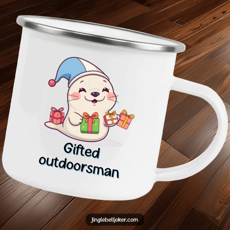 Funny Jester Seal Camping Mug, a seal in a jester hat juggling gifts by a campfire, a funny gift for outdoors.