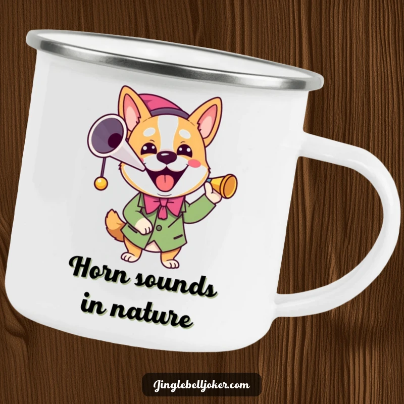 Funny Joker Dog Camping Mug: A dog in a joker outfit blows a horn, perfect for outdoor humor.