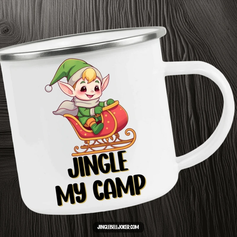 Funny camping mug featuring a giddy elf riding a tiny, jingling sleigh, perfect for holiday trips and adding cheer to outdoor drinks.