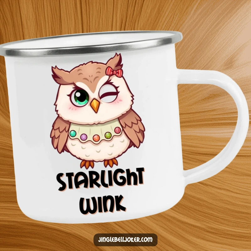 Funny camping mug featuring an owl in a jester collar, comically trying to wink with holiday glitter, perfect for festive outdoor drinks.