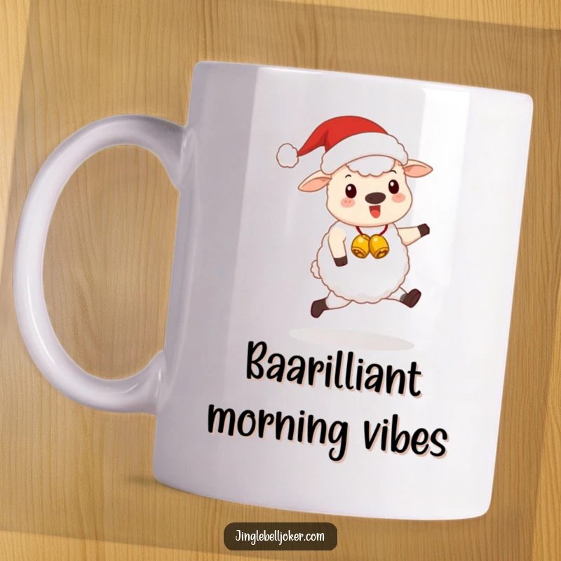 Funny Kawaii Santa Sheep Mug: A cute sheep wearing a Santa hat and jingle bells, skipping happily, spreading joy.