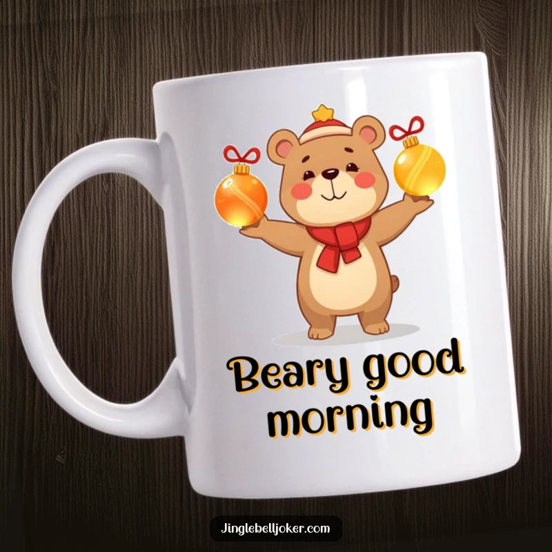 Funny mug with a happy bear character smugly juggling three glowing Christmas baubles, showcasing playful holiday mastery and confidence.
