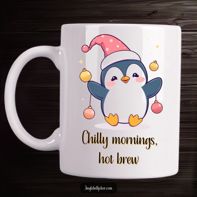 Funny Penguin Jester Mug: Cute penguin in a jester hat, juggling sparkling ornaments, bringing festive fun and humor.