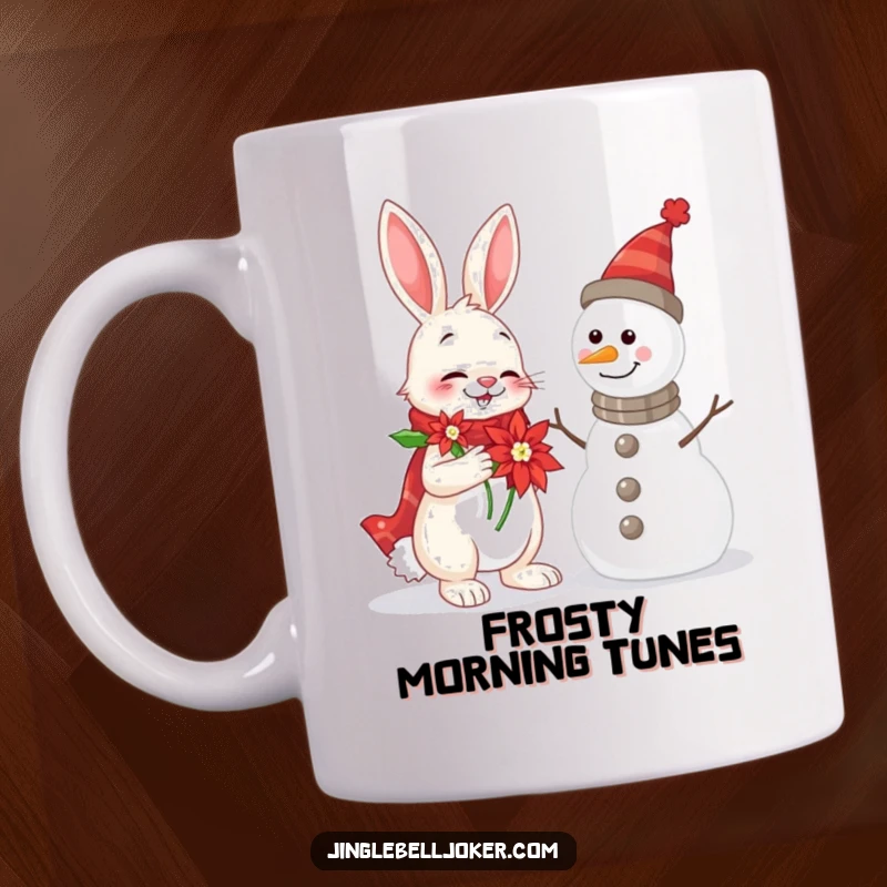 Funny Rabbit and Snowman Mug: a cheerful rabbit in a poinsettia serenades a snowman with a comical, festive expression.