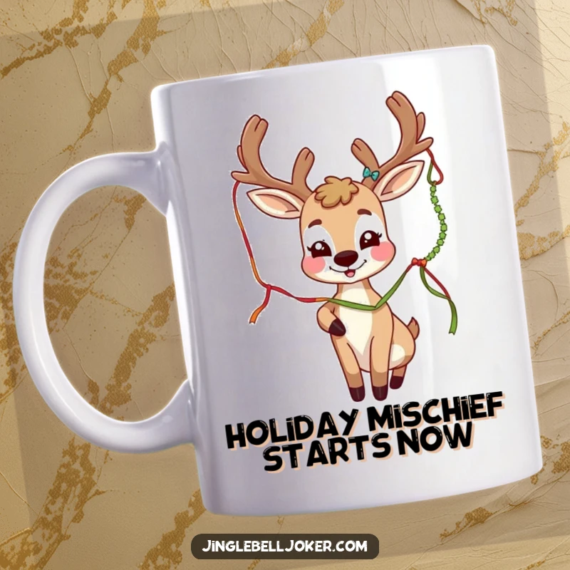 Funny deer joker character with festive antlers playfully batting a tinsel strand, cartoon style, on a mug.