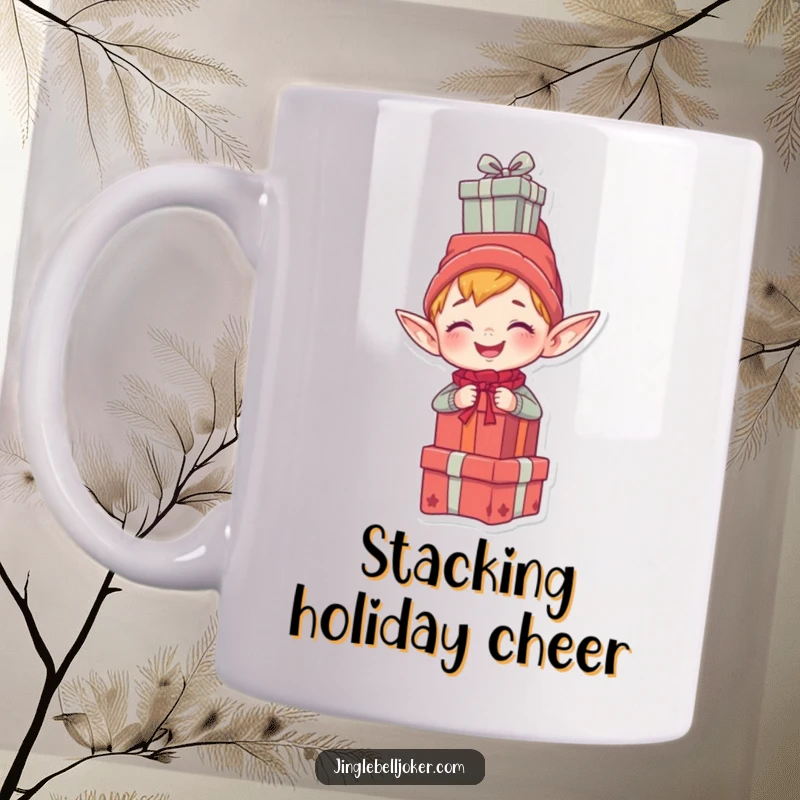 Funny mug featuring a giggling elf character precariously balancing a tall stack of Christmas presents on its head with glee.