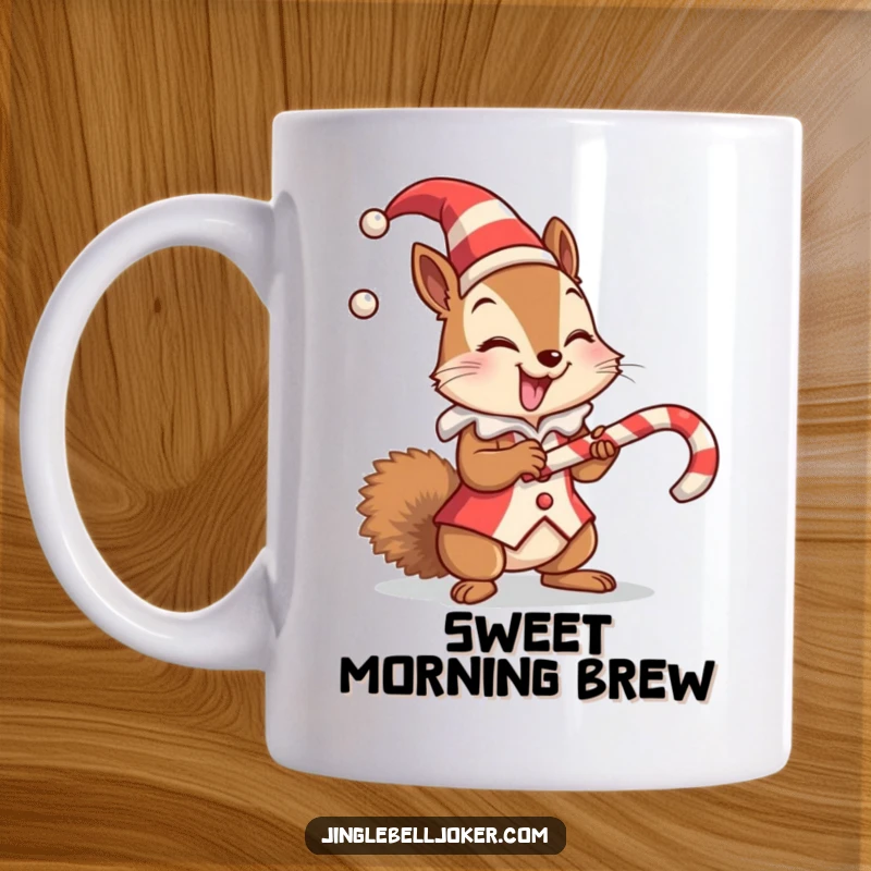 Funny mug showing a giggling squirrel in a tiny jester outfit precariously balancing a candy cane.