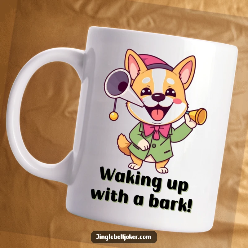 Funny Joker Dog Mug: A joyful dog dressed as a joker enthusiastically blows a horn, spreading cheer and humor.
