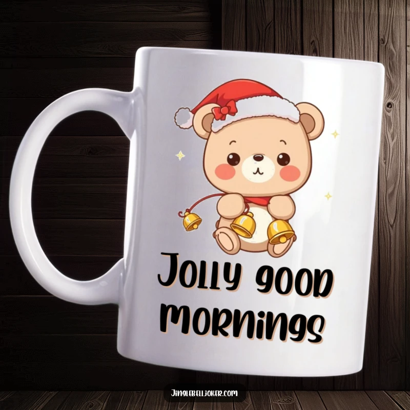 Funny kawaii bear wearing a Santa hat, joyfully juggling shiny jingle bells, spreading Christmas cheer.