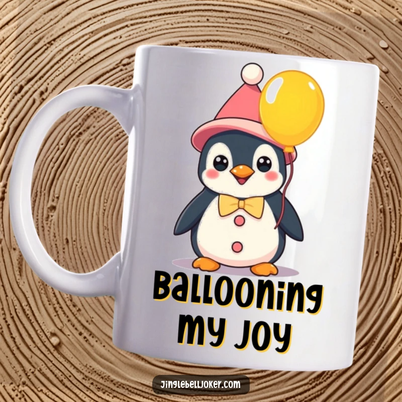 Funny kawaii penguin dressed as a clown holding a bright balloon, a whimsical mug for spreading cheer and humor.