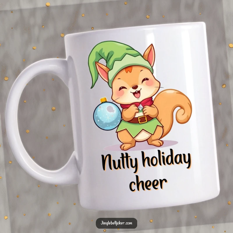 Funny Kawaii Elf Squirrel Mug: A cute Christmas character dressed as an elf, excitedly holding a sparkling ornament, spreading holiday joy.