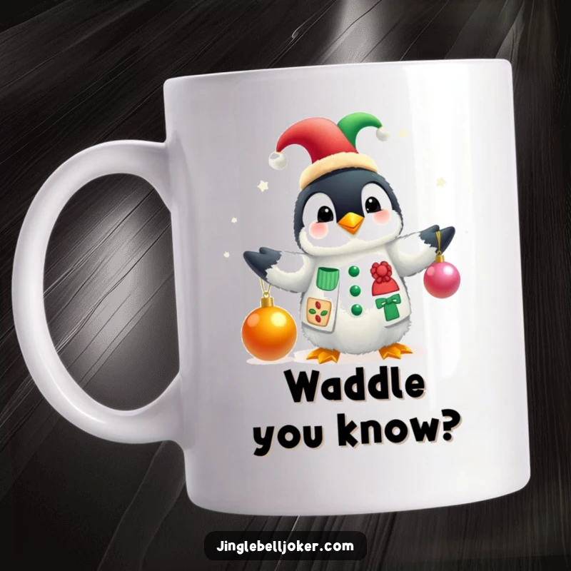 Funny mug showing a fluffy penguin in a jester hat juggling colorful Christmas baubles, radiating festive joy and playful charm.