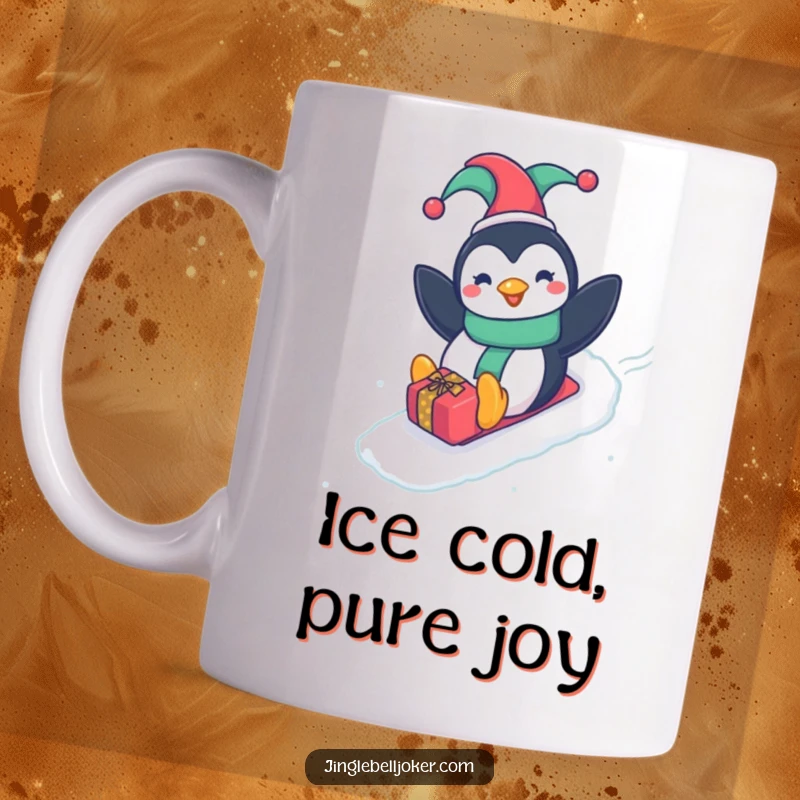 Funny Penguin Jester Mug, happy penguin wearing a jester hat, sliding down a gift-wrapped slope with pure glee.