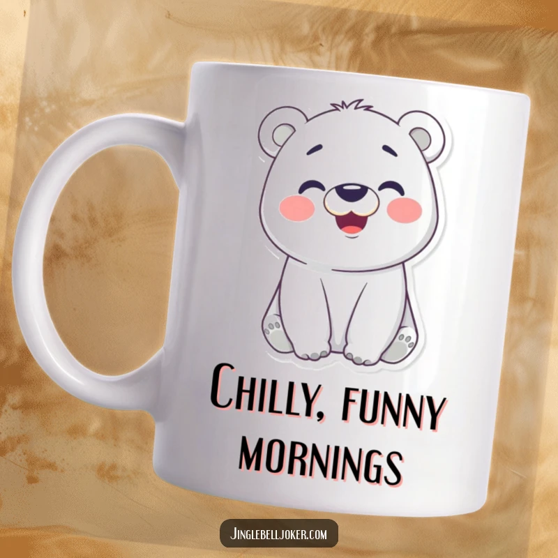 Funny mug showcasing a cheerful polar bear character with rosy cheeks, sticking out its tongue and making a comical face, radiating joy.