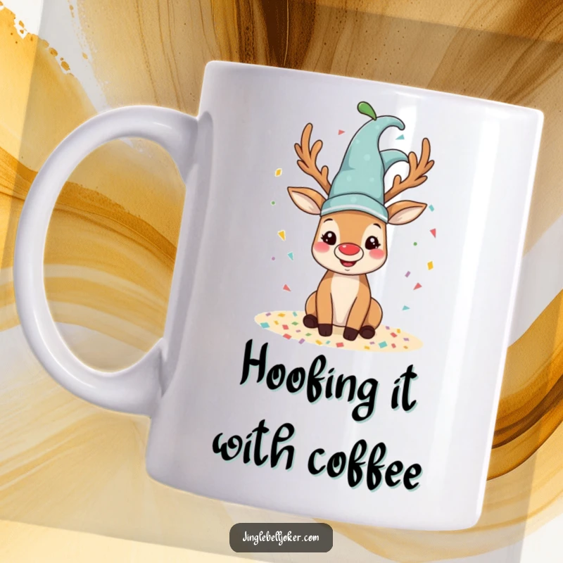 Funny reindeer mug with a happy reindeer wearing a jester hat, joyfully spilling colorful confetti.