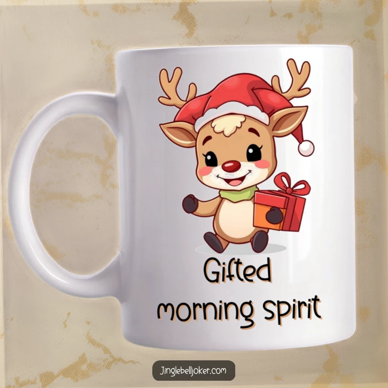 Funny mug depicting a grinning reindeer character dressed as a jester, wearing a cap with bells, holding a wrapped gift, ready for fun.