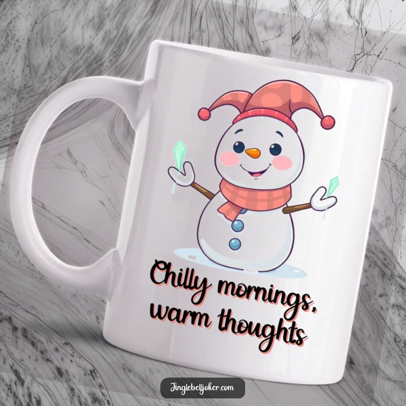 Funny Snowman Mug: Smiling snowman in a jester hat juggling glowing icicles, cool winter humor.