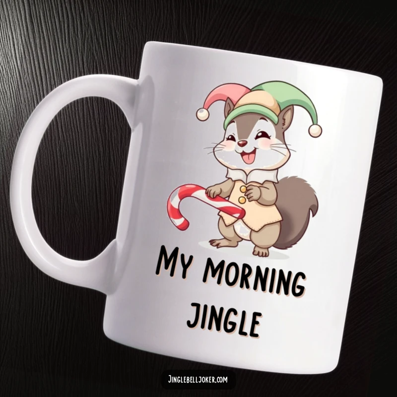 Funny mug showcasing a giggling squirrel in a tiny jester suit, struggling to balance a candy cane with a mischievous grin.
