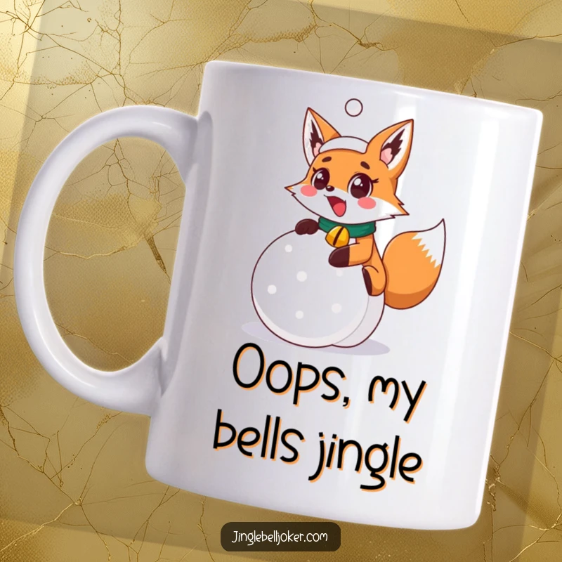 Funny surprised fox joker with jingle bell collar slipping on a festive snowball, showcasing holiday chaos and humor on this mug.