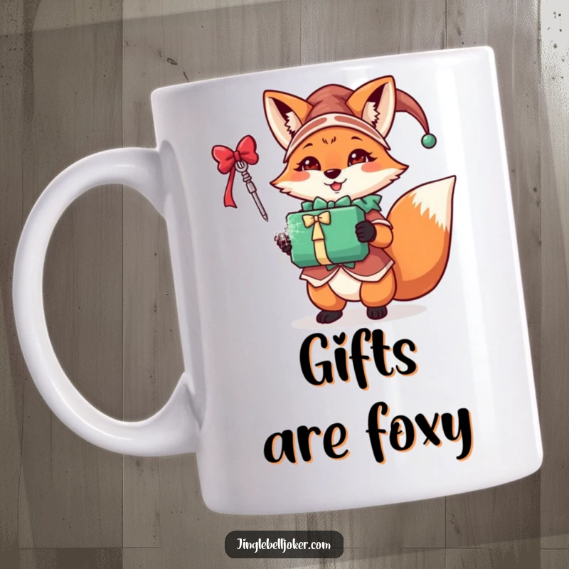 Funny fox jester mug depicting a festive character in jester attire triumphantly holding a sparkling gift, radiating holiday cheer.