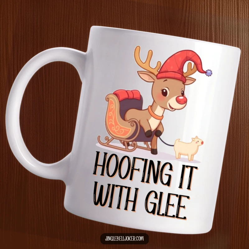 Funny Christmas mug with a brave reindeer in a jester hat, struggling to pull a tiny sleigh, embodying holiday mischief and humor.