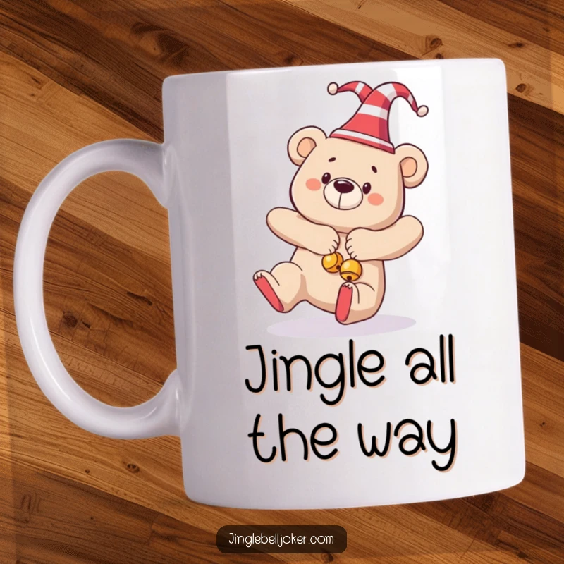 Funny mug showing a bear in a jester hat and jingle bells dramatically tripping over its own feet.