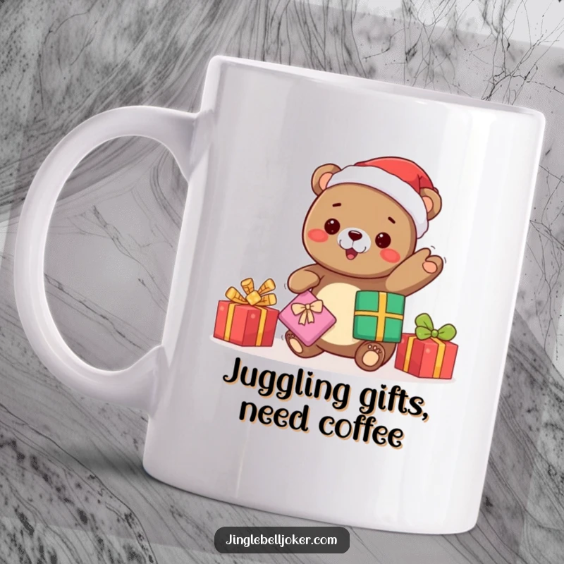 Funny kawaii bear in a Santa hat gleefully juggling gifts, a humorous Christmas mug, perfect for spreading holiday cheer.