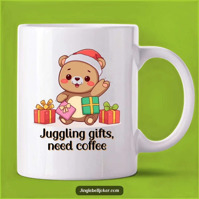 Funny Kawaii Bear Santa Mug: Juggling Presents Hilariously - Perfect Funny Gift!
