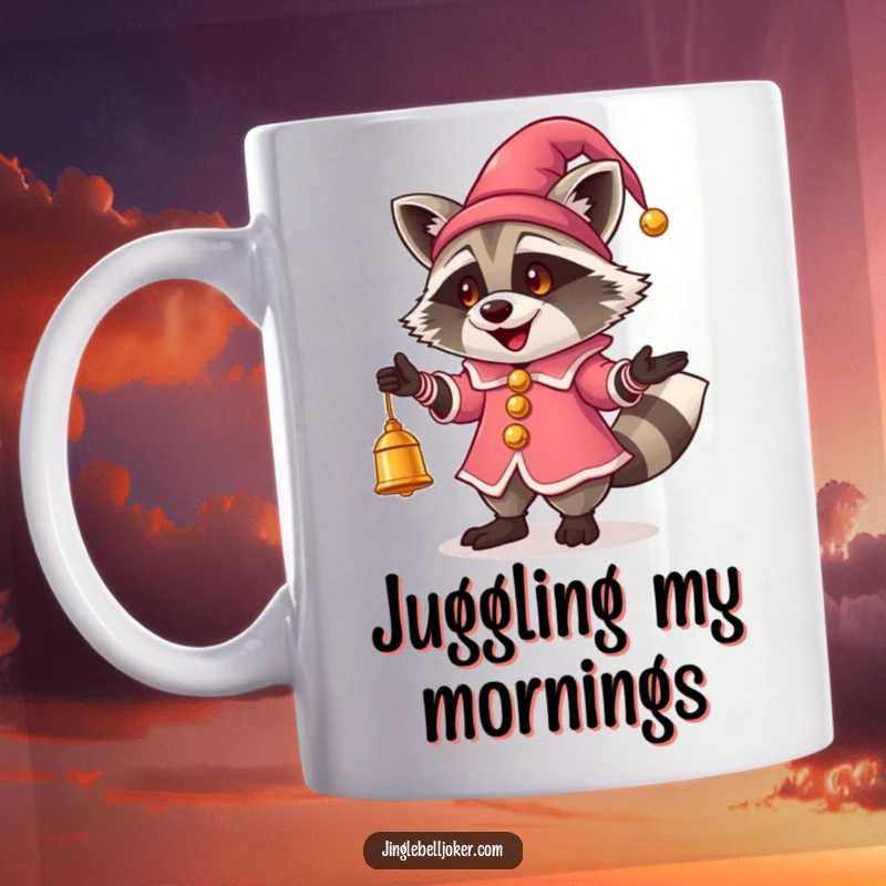 Funny Jester Raccoon Mug: A happy raccoon in a jester outfit juggles glowing bells, perfect for cheerful sips.