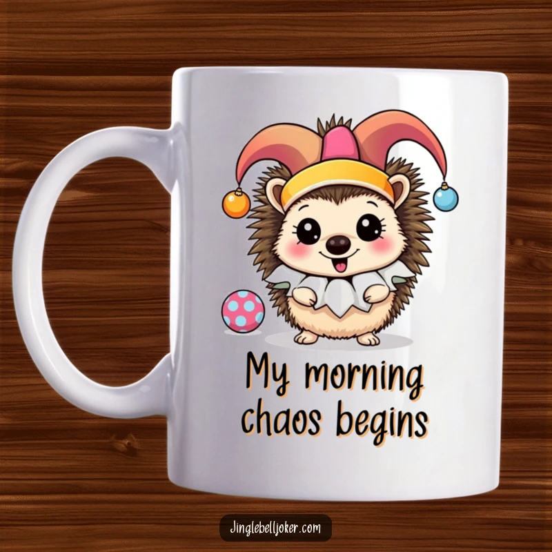 Funny Jester Hedgehog Mug: A cheerful hedgehog in a ruff juggles ornaments, exuding pure joy and playful energy.