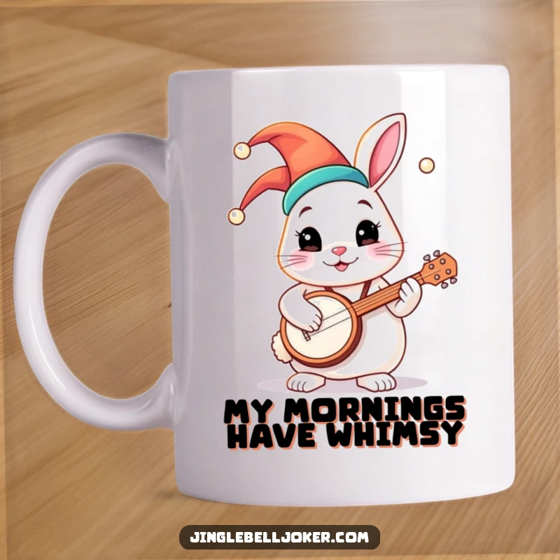 Funny mug featuring a round bunny character in a colorful jester hat, happily playing a tiny banjo with a cheerful expression.
