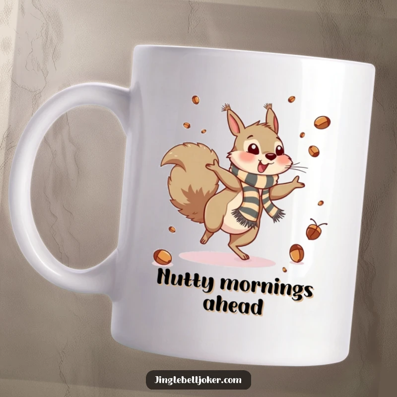 Funny Mug: A squirrel in a scarf cartwheels, scattering acorns like confetti, capturing joyful, nutty chaos.
