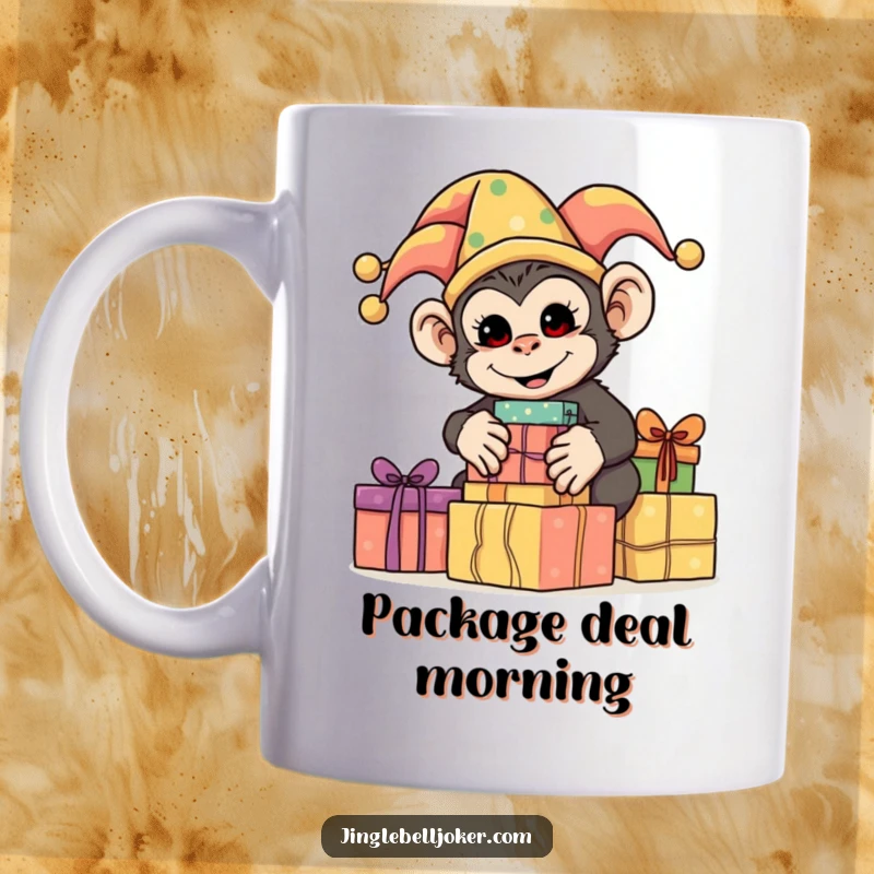Funny Monkey Jester Mug, a silly monkey dressed as a jester, stacking brightly wrapped presents with chaotic energy.
