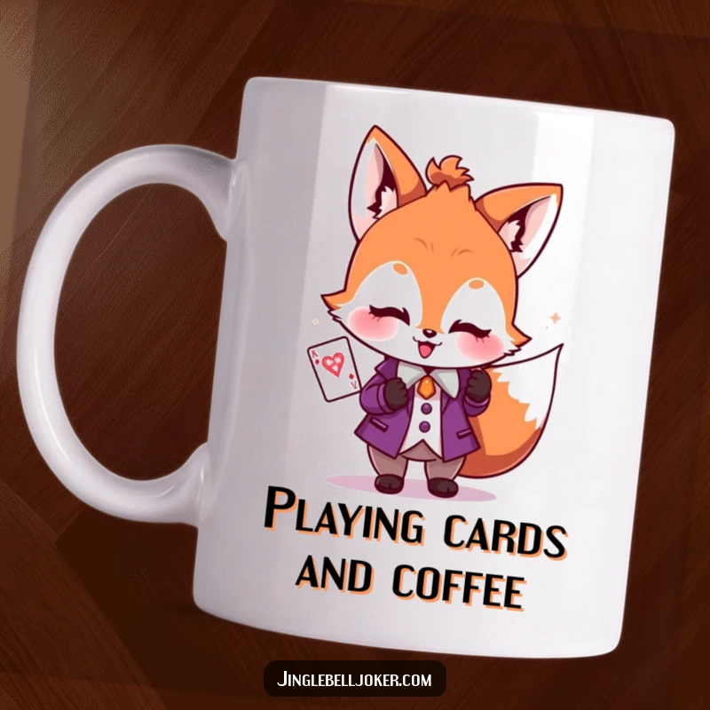 Funny mug with a blushing fox dressed as a joker, holding a sparkly playing card, embodying playful charisma.