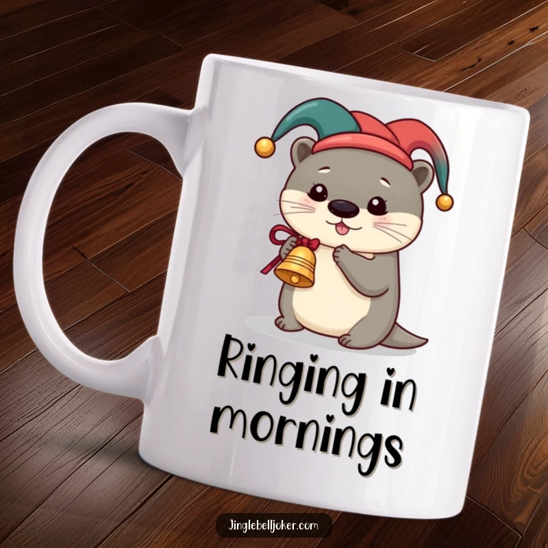 Funny Otter Jester Mug, a cute otter in a jester hat, playfully ringing a miniature sleigh bell, bringing festive cheer.
