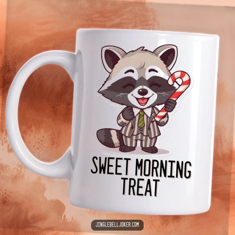 Funny Mug: A gleeful raccoon in a striped suit playfully balances a candy cane on its nose, looking dapper.