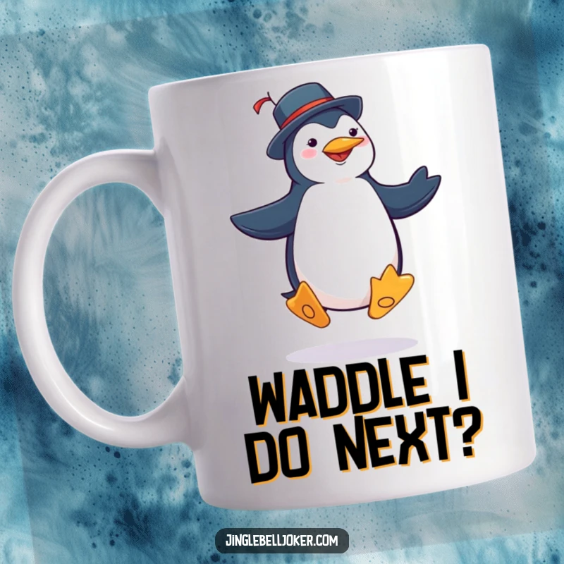 Funny penguin joker mug featuring a character in a jester costume doing a silly jig with exaggerated, comical dance steps.