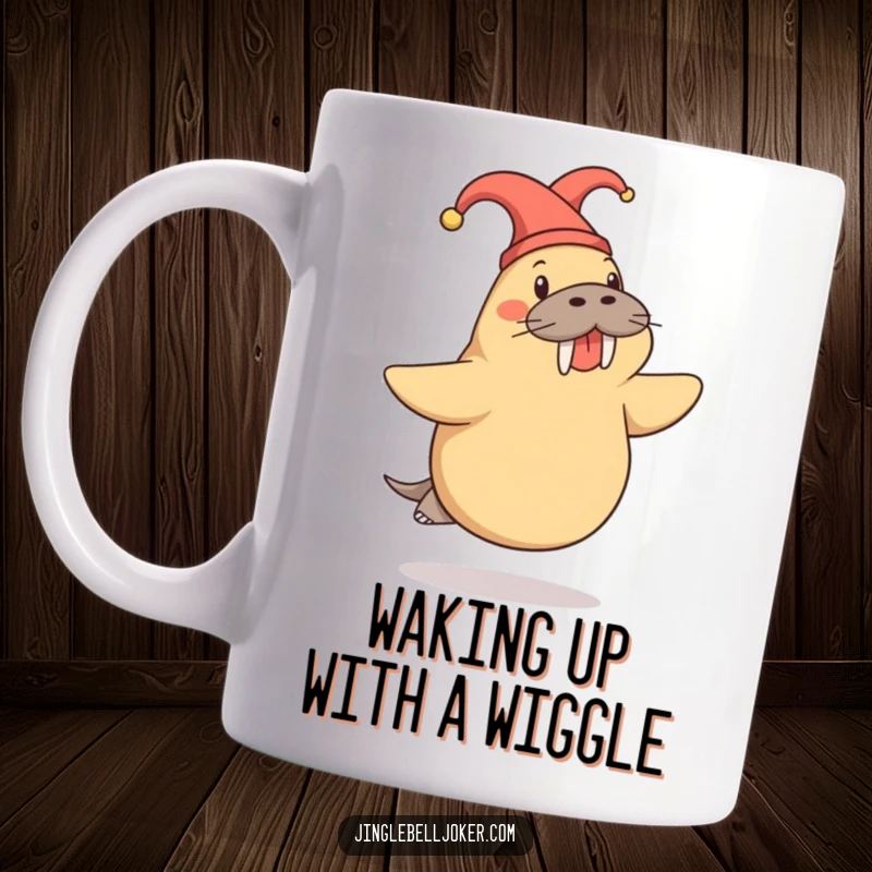 Funny Walrus Mug: Cheerful walrus in a jester hat doing a playful skip, full of whimsical fun.