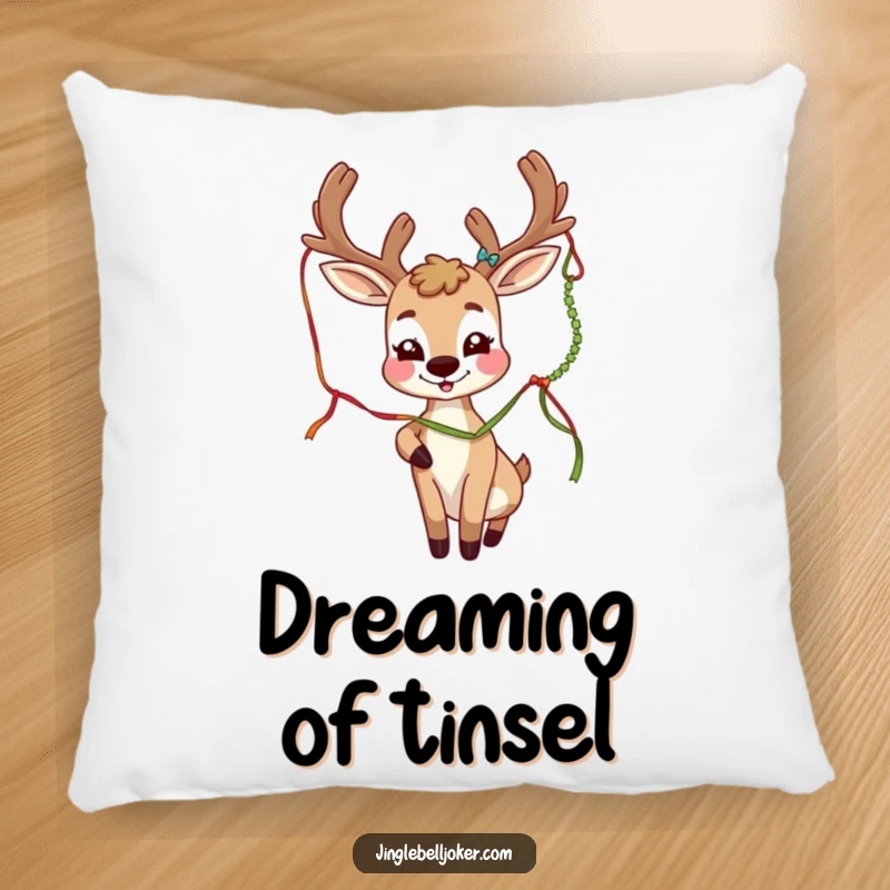 Funny deer joker character with festive antlers playfully batting a tinsel strand, soft plush pillow for comfort.