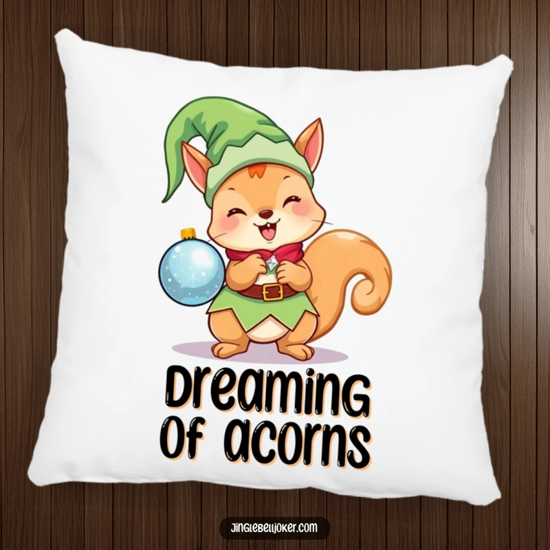 Funny Kawaii Elf Squirrel Pillow: A cute Christmas character as an elf, excitedly holding a sparkling ornament, perfect for lounging.