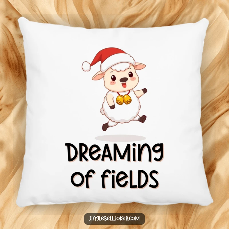 Funny Kawaii Santa Sheep Pillow: A cute sheep in a Santa hat, happily skipping with jingle bells, perfect for lounging.