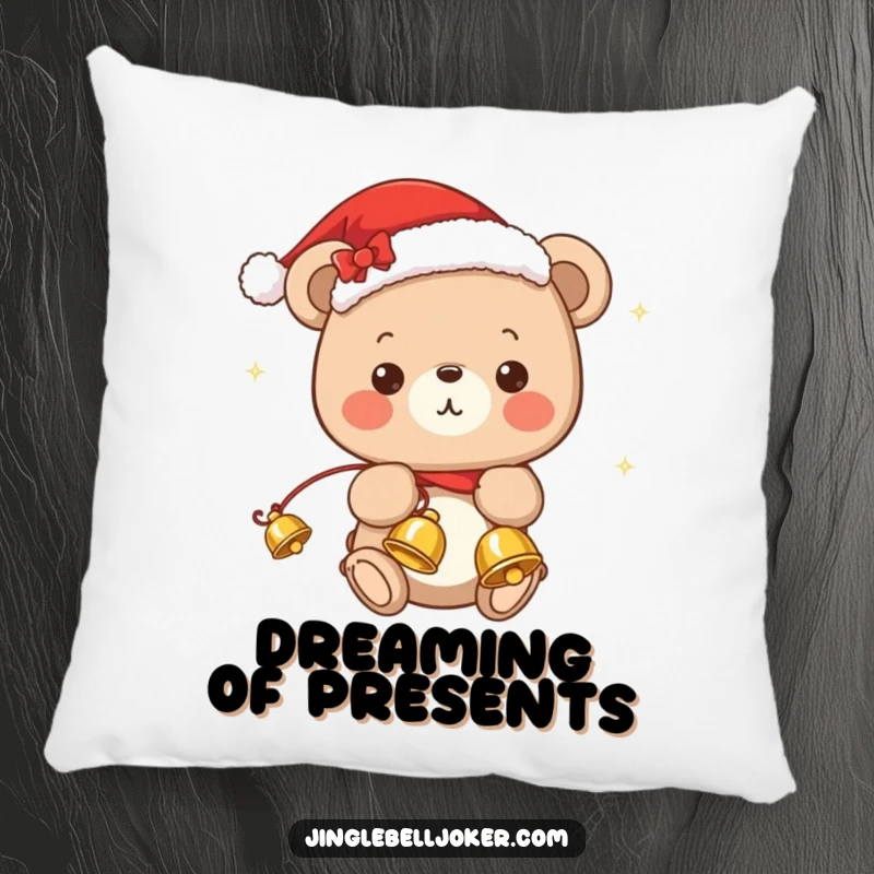 Funny pillow with a cute kawaii bear wearing a Santa hat, playfully juggling jingle bells, perfect for holiday decor.