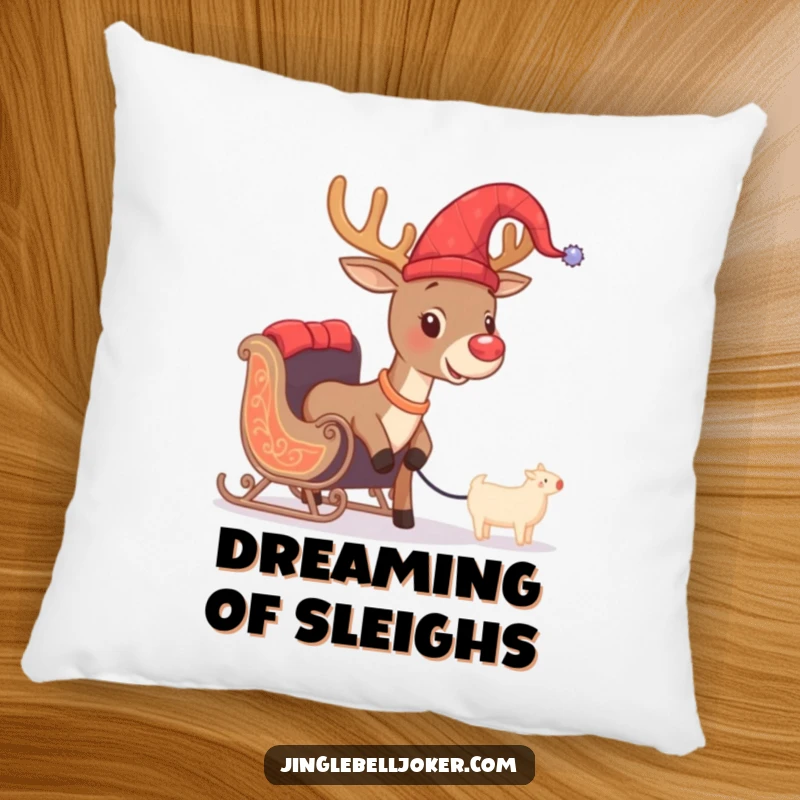 Funny decorative pillow with a brave reindeer in a jester hat, comically trying to pull a tiny sleigh, ideal for cozy, humorous spaces.
