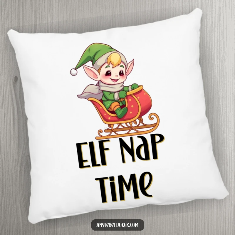 Funny pillow design of a giddy elf joker riding a tiny, jingling sleigh, perfect for adding festive and humorous comfort.