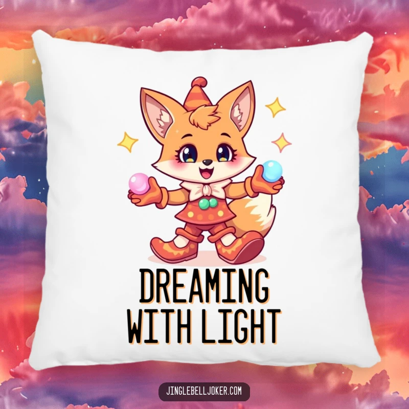 Funny Fox Jester Pillow: Cheerful fox character in jester shoes, juggling glowing orbs, cozy magical comfort.