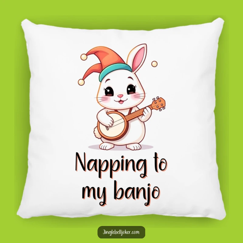 Funny Jester Bunny Banjo Pillow: Cozy Whimsical Cushion, Perfect Gift