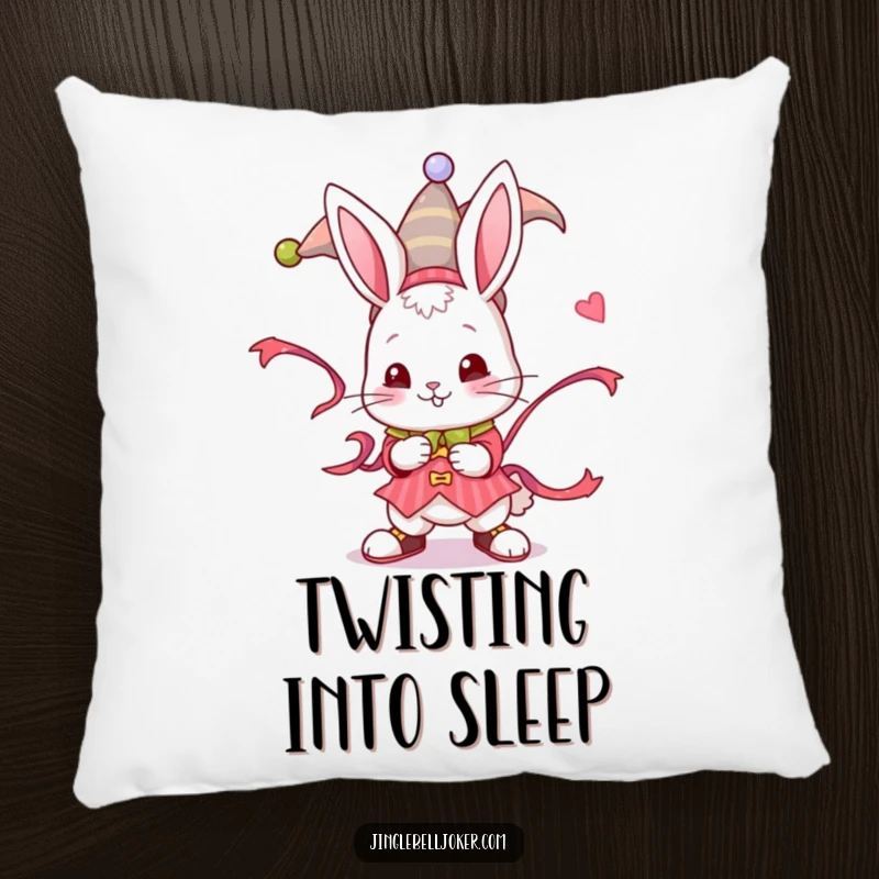 Funny Jester Bunny Pillow: A playful bunny in jester attire twisting a ribbon, perfect for cozy, humorous relaxation.