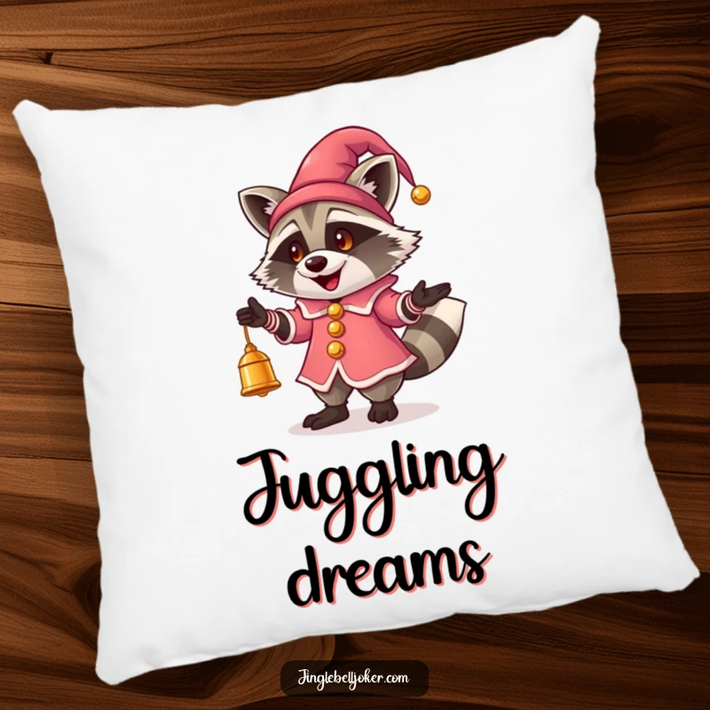 Funny Jester Raccoon Pillow: A raccoon as a jester juggles glowing bells, perfect for cozy, humorous relaxation.